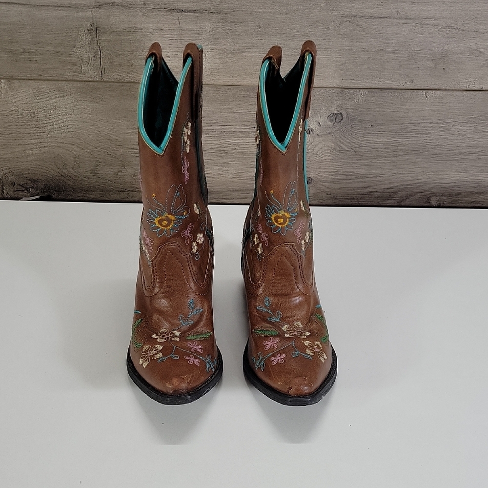 Girls Shyanne Brown Embroidered Floral Leather Western Boots Sz 3